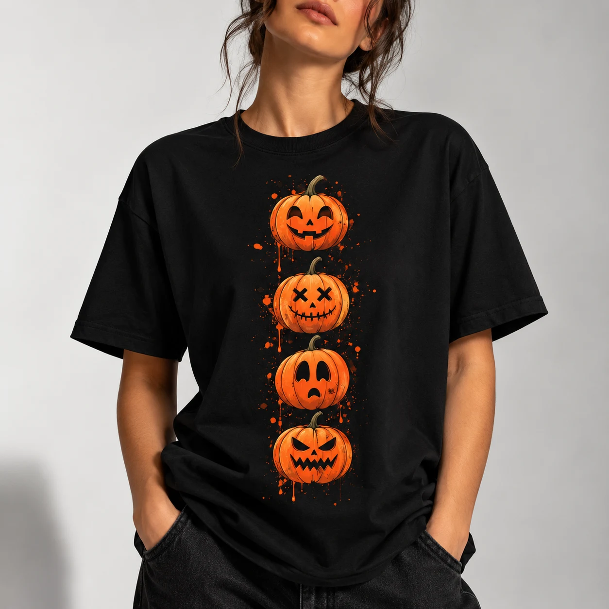 PUMPKIN MOODS – Vier Kürbisse. Vier Stimmungen. Ein Halloween. 🎃 auf T-Shirt aus Bio-Baumwolle